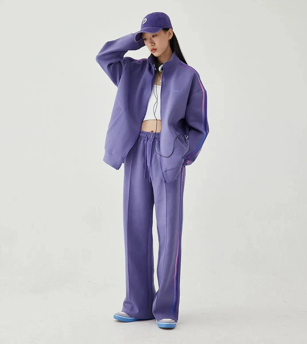 Women's Loose Fit Hooded Zipper Jacket and Straight Trousers Set