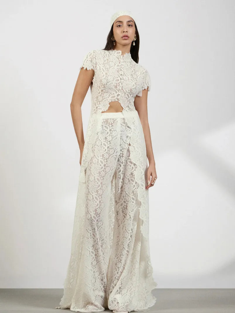 Women's Retro Lace Long Cardigan Straight Trousers Set