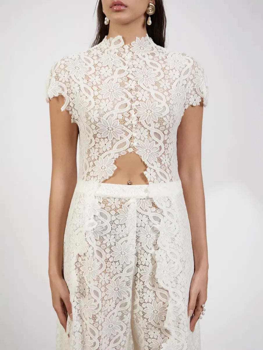 Women's Retro Lace Long Cardigan Straight Trousers Set