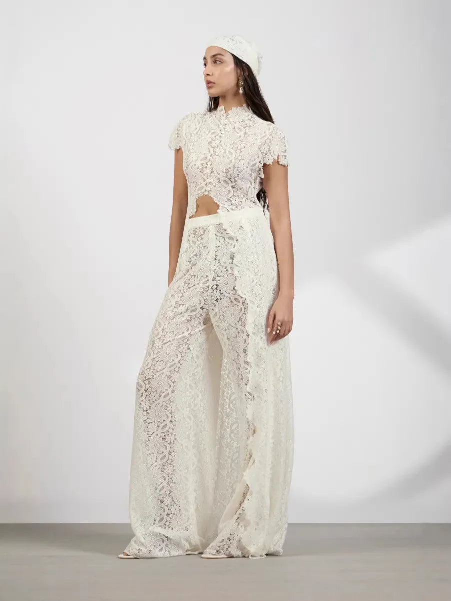 Women's Retro Lace Long Cardigan Straight Trousers Set