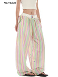 Women's Retro Striped Beaded Waistband Wide Leg Pants