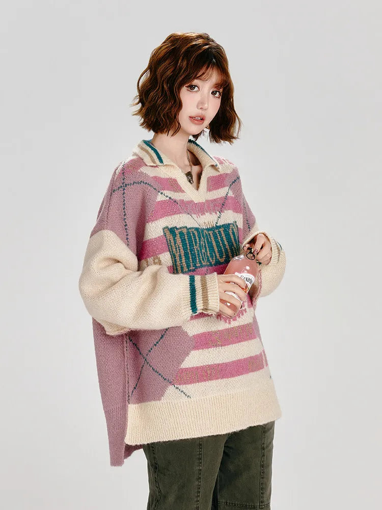 Women's Retro Striped Colorblock Thick Lapel Knit Sweater