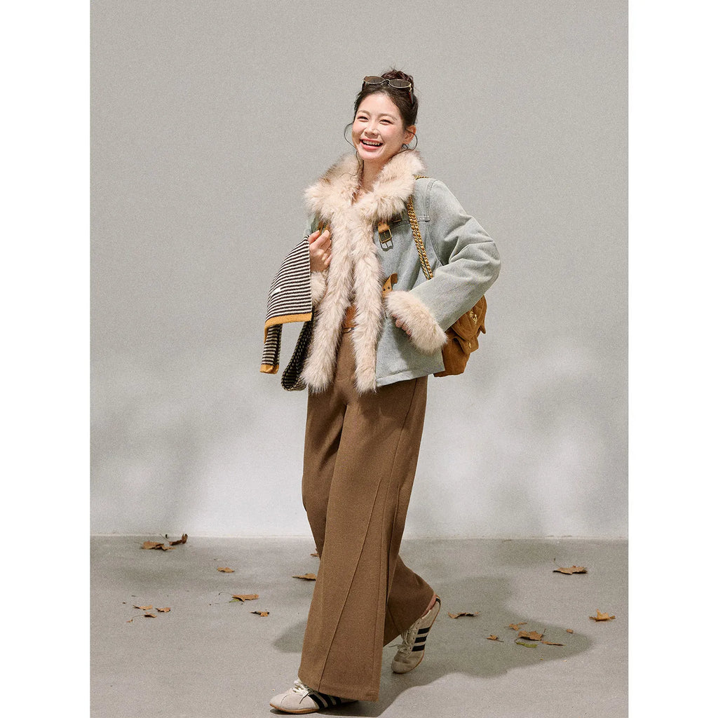 Women's Retro Velvet Denim Jacket and Trousers Two-Piece Set