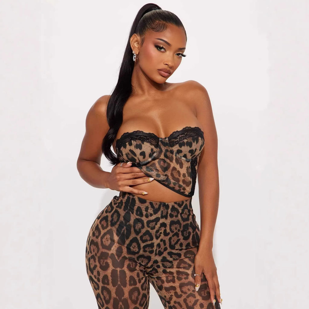 Women's Sexy Leopard Print Tube Top and Pants Two-Piece Set