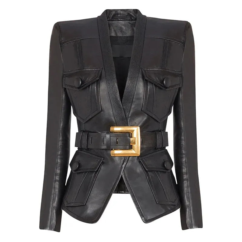 Women's Slim Fit Belted Faux Leather Motorcycle Jacket