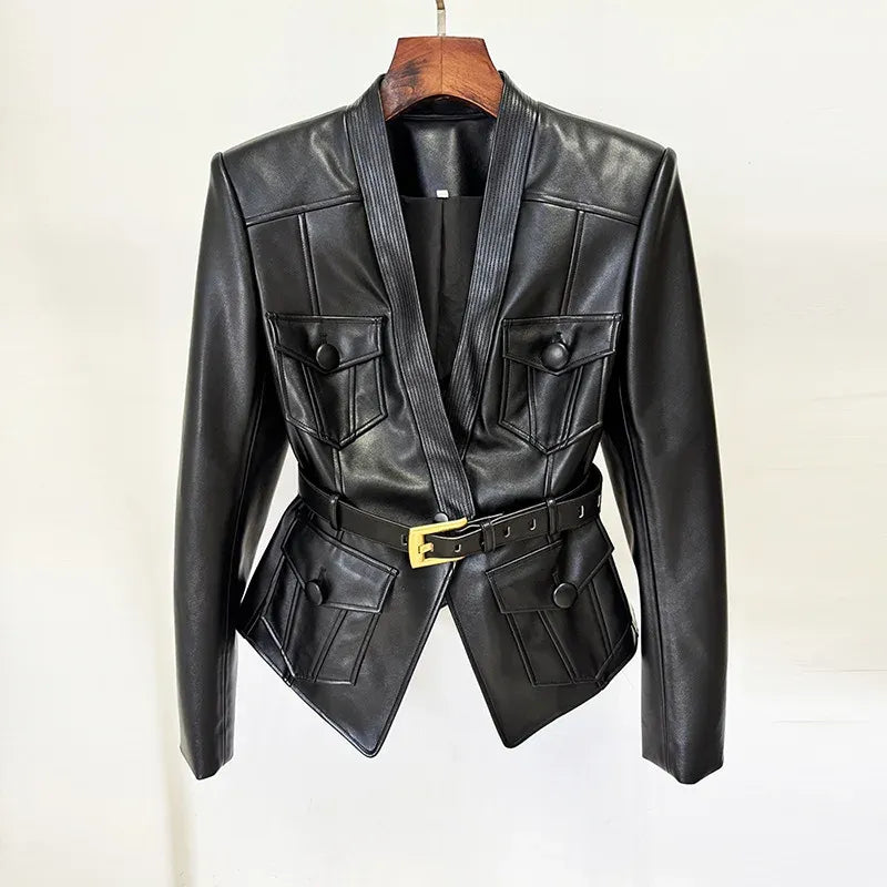 Women's Slim Fit Belted Faux Leather Motorcycle Jacket