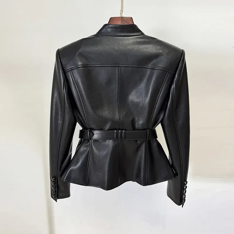 Women's Slim Fit Belted Faux Leather Motorcycle Jacket