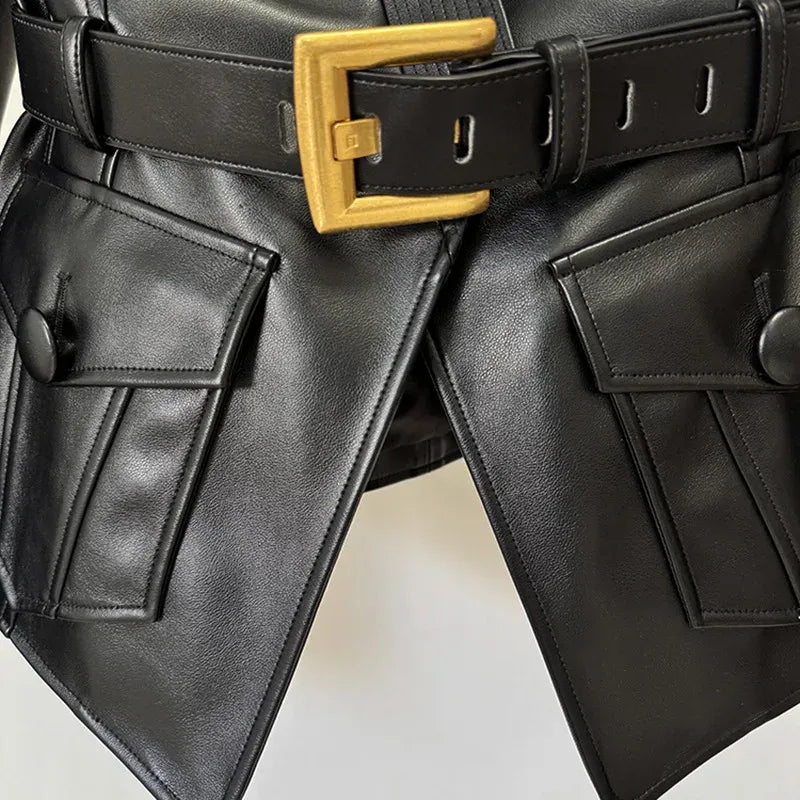 Women's Slim Fit Belted Faux Leather Motorcycle Jacket