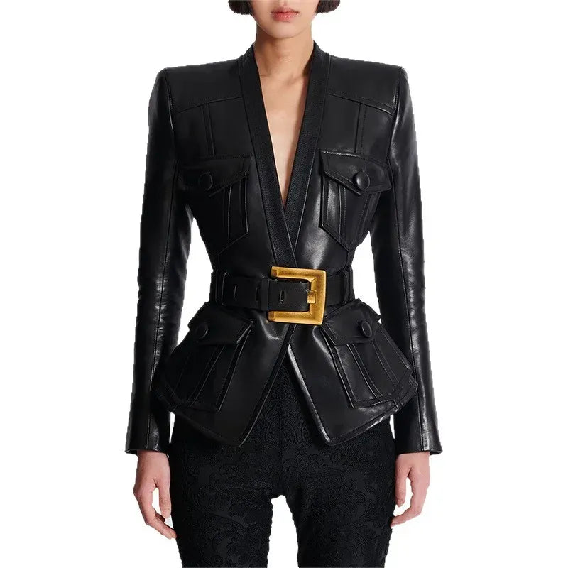 Women's Slim Fit Belted Faux Leather Motorcycle Jacket