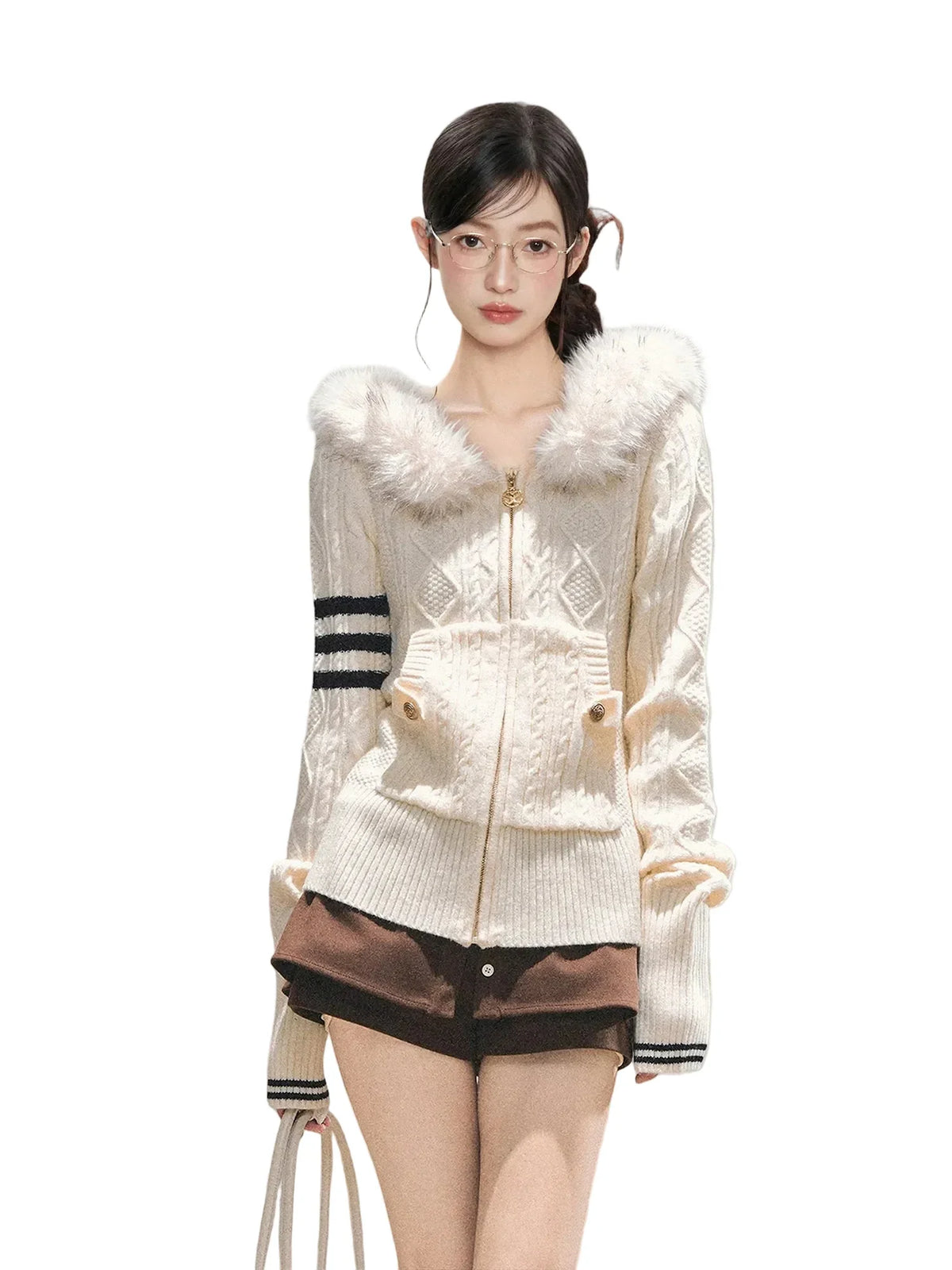Women's Slim Fit Hooded Knitted Demi-Season Cardigan Sweater