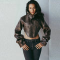 Women's Slim Fit PU Leather Stand Collar Zipper Jacket