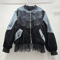 Women's Spliced Velvet Lace Contrast Denim Jacket