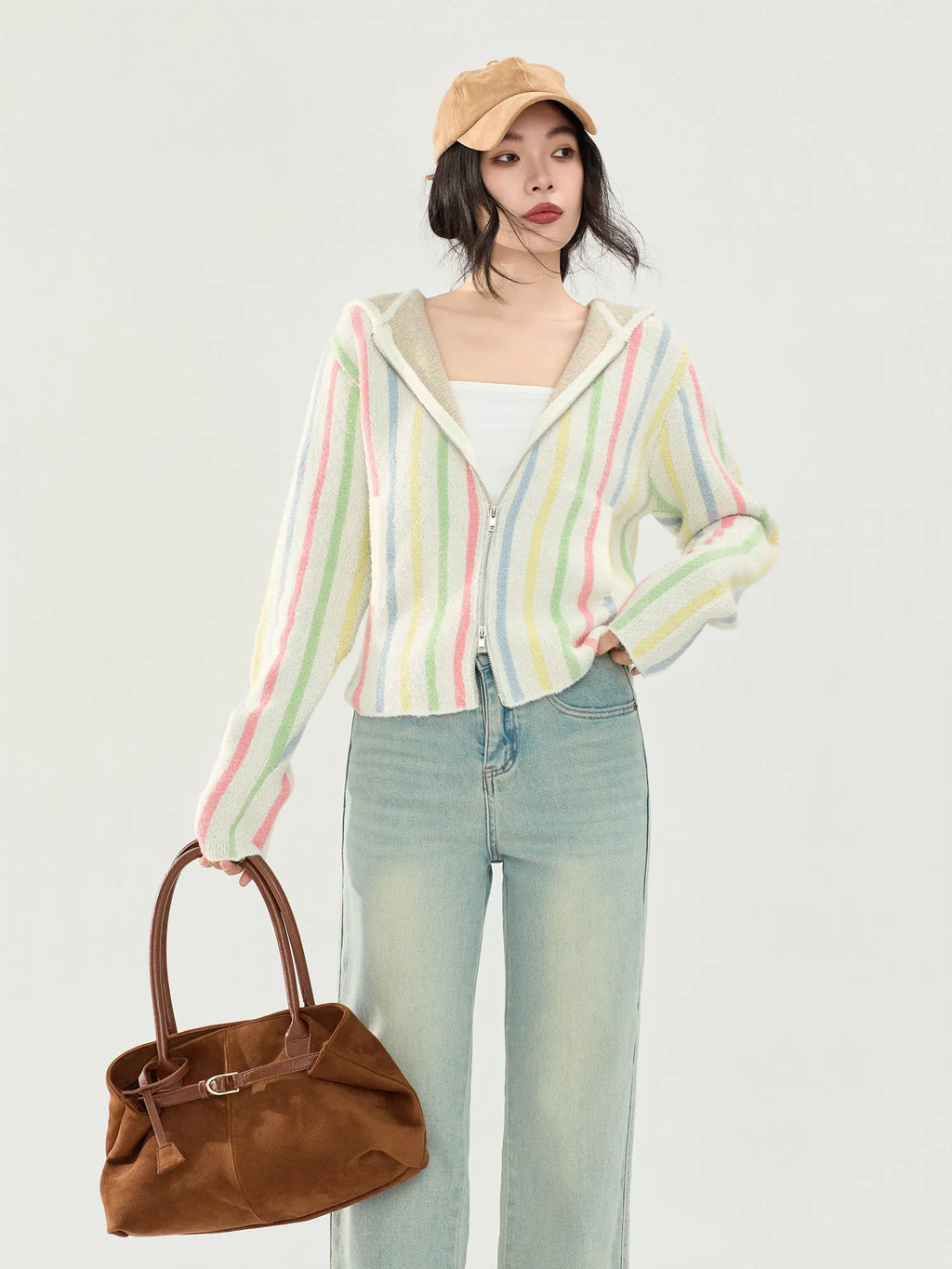 Women's Striped Hooded Zip-Up Knit Cardigan Sweater