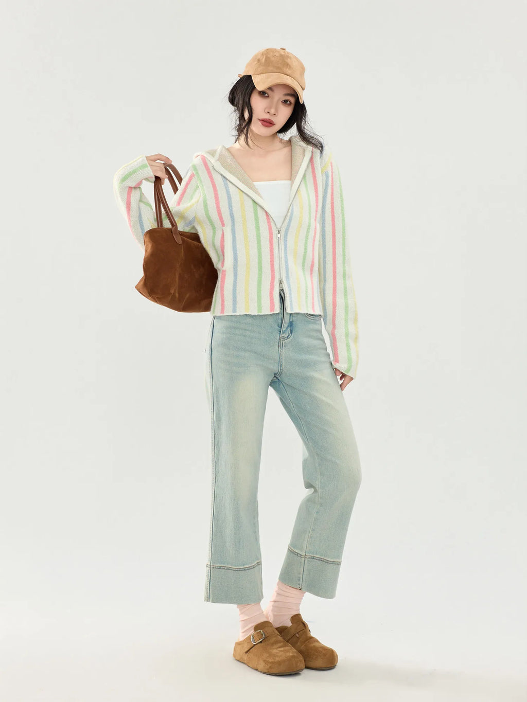 Women's Striped Hooded Zip-Up Knit Cardigan Sweater