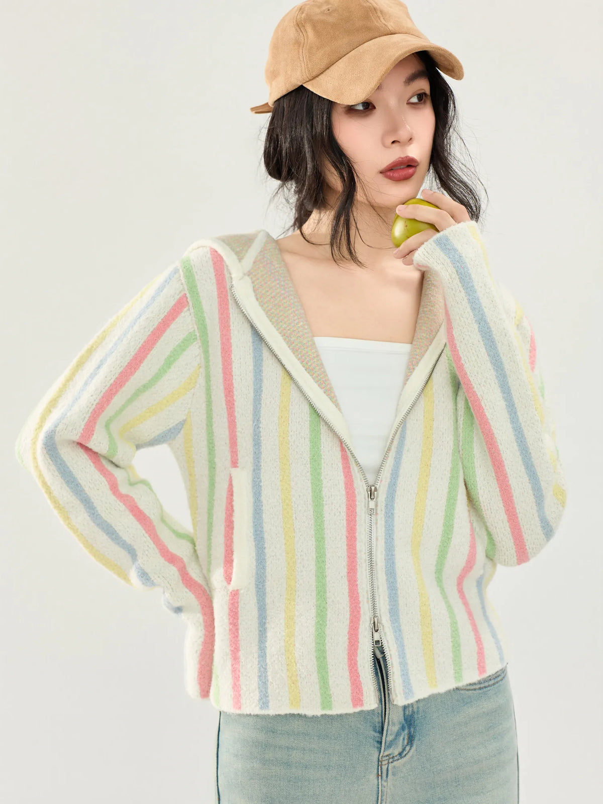 Women's Striped Hooded Zip-Up Knit Cardigan Sweater