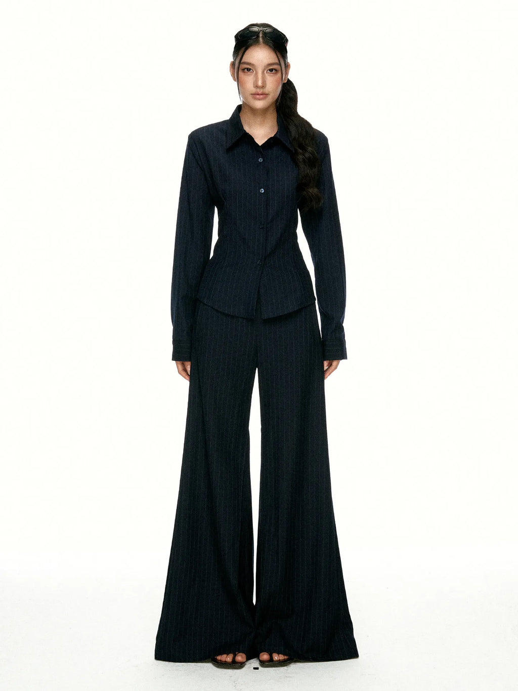 Women's Striped Waist-Cinching Shirt and Flared Pants Set