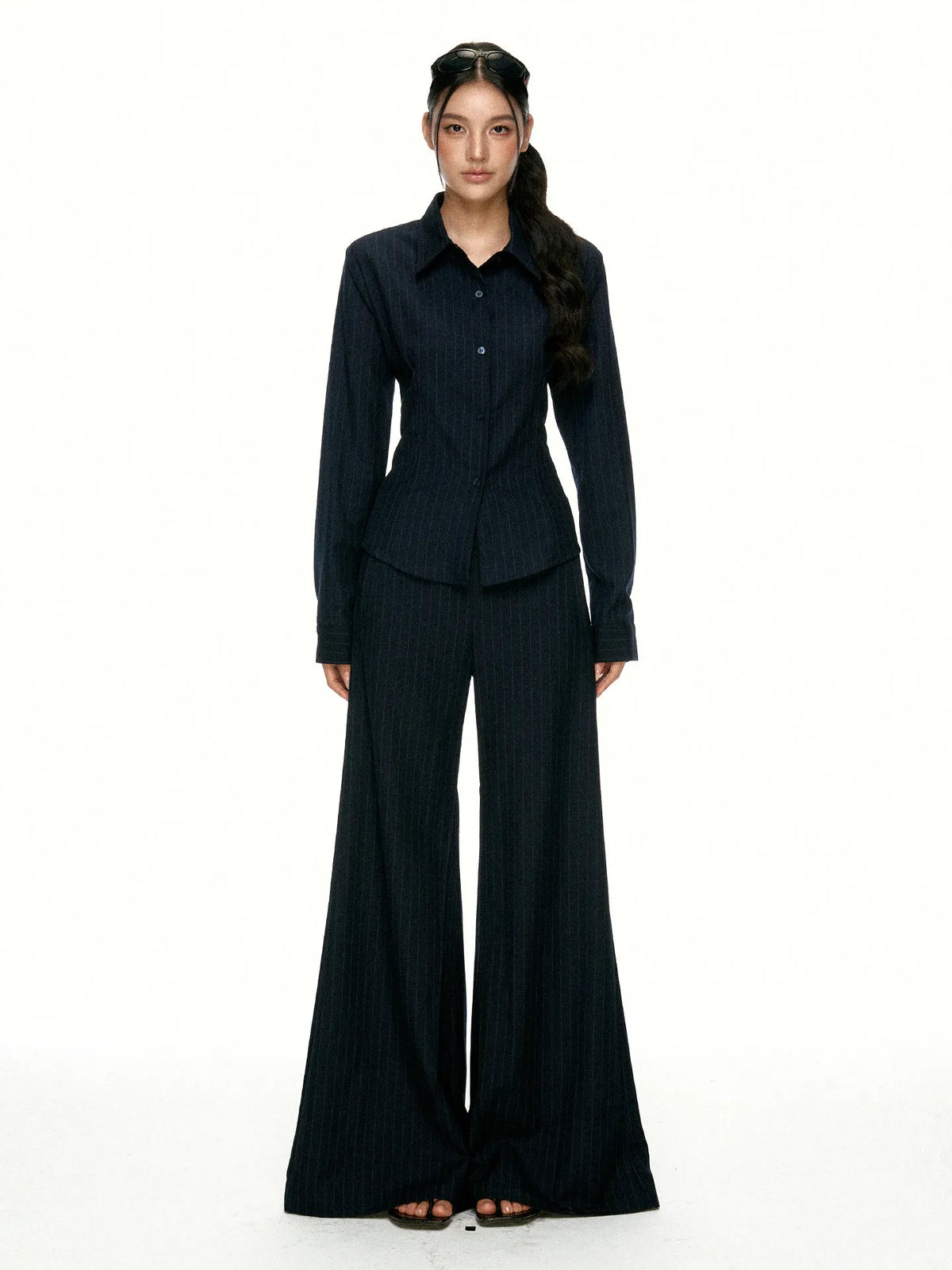 Women's Striped Waist-Cinching Shirt and Flared Pants Set