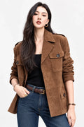 Women's Suede Lapel Collar Long Sleeve Workwear Jacket