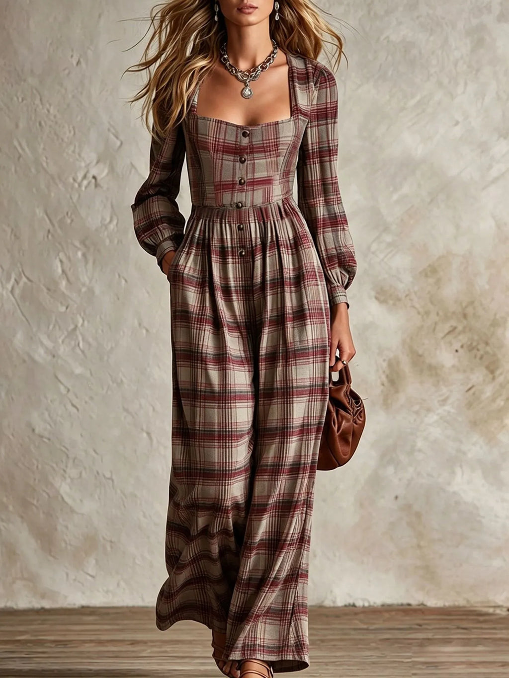 Women's Vintage Plaid Square Neck Wide Leg Jumpsuit