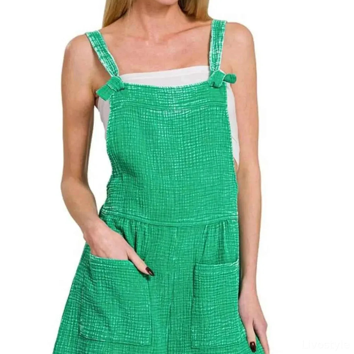 Woven Double Gauze Acid Wash Overall Shorts Romper with Pockets