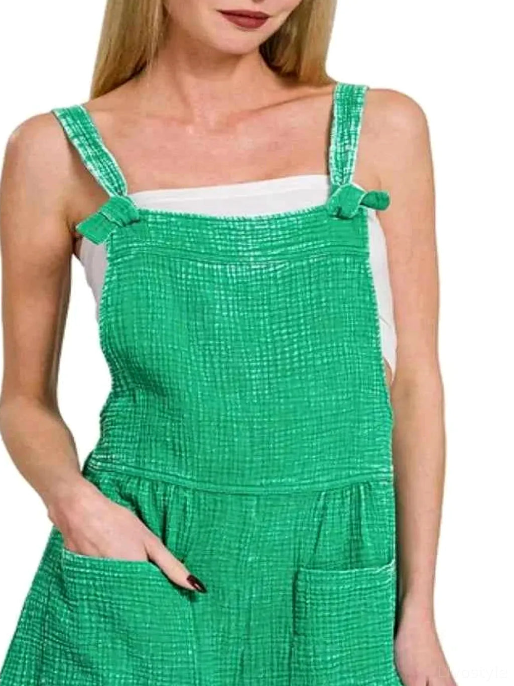 Woven Double Gauze Acid Wash Overall Shorts Romper with Pockets