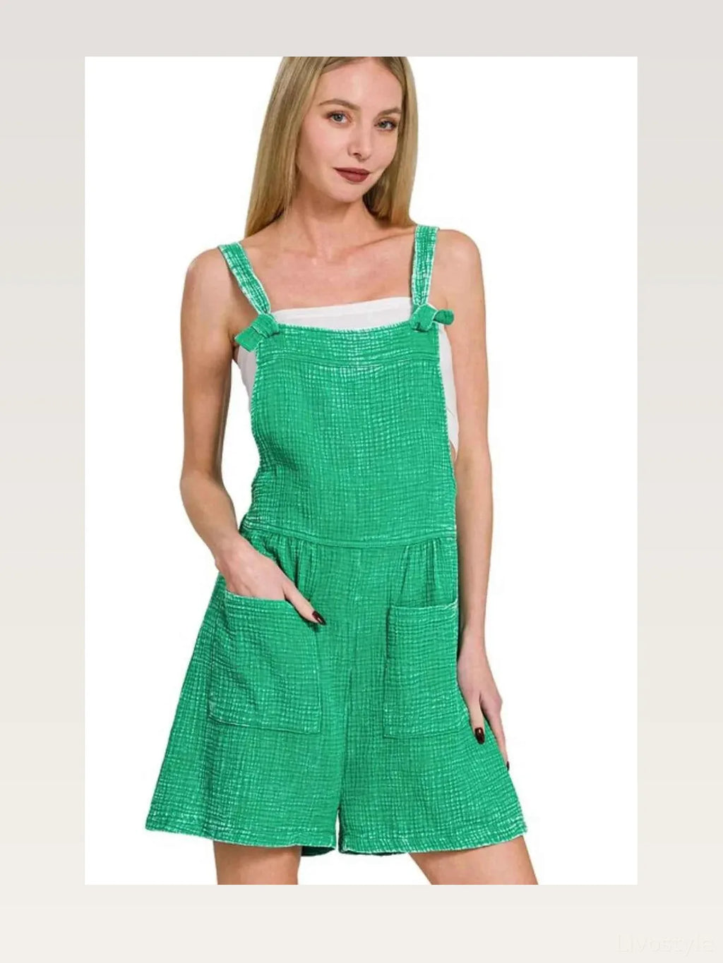 Woven Double Gauze Acid Wash Overall Shorts Romper with Pockets