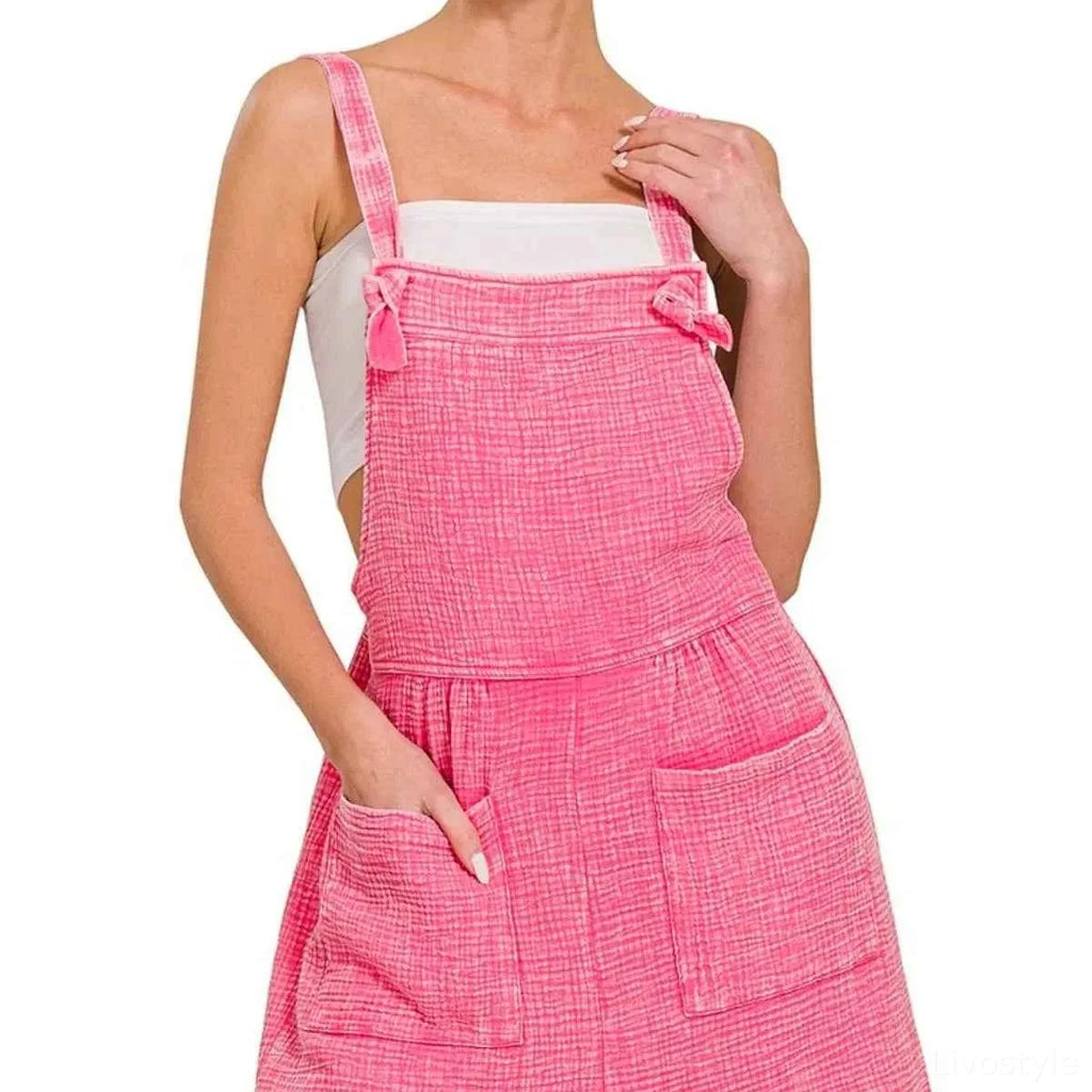 Double Gauze Acid Washed Romper with Square Neck