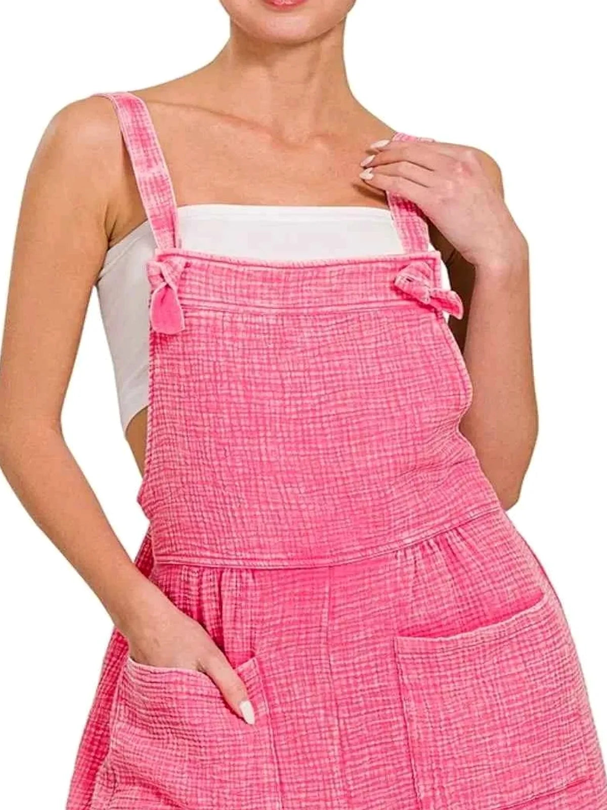 Double Gauze Acid Washed Romper with Square Neck