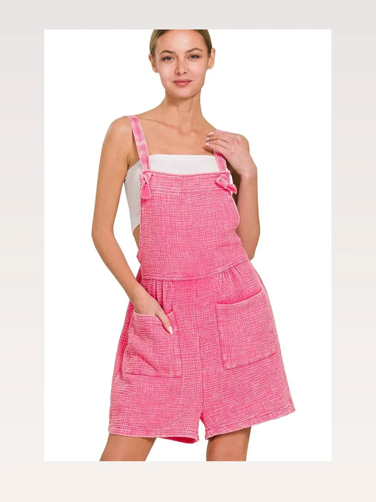 Double Gauze Acid Washed Romper with Square Neck