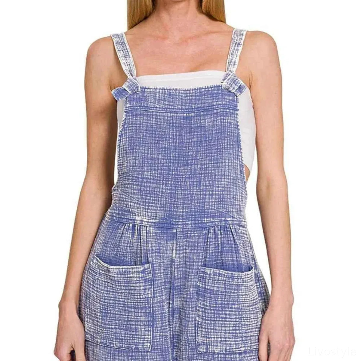 Woven Double Gauze Acid Wash Romper with Front Pockets