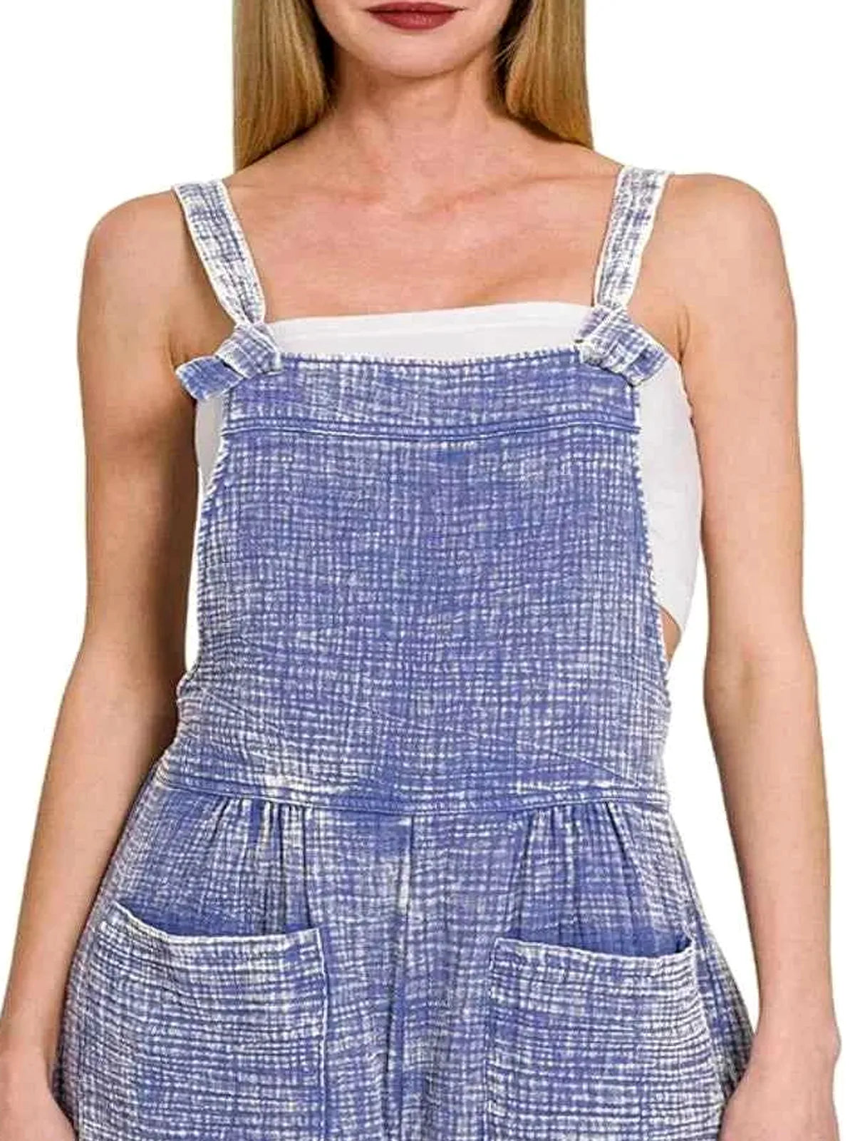 Woven Double Gauze Acid Wash Romper with Front Pockets