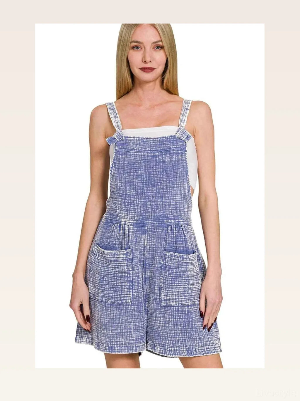 Woven Double Gauze Acid Wash Romper with Front Pockets