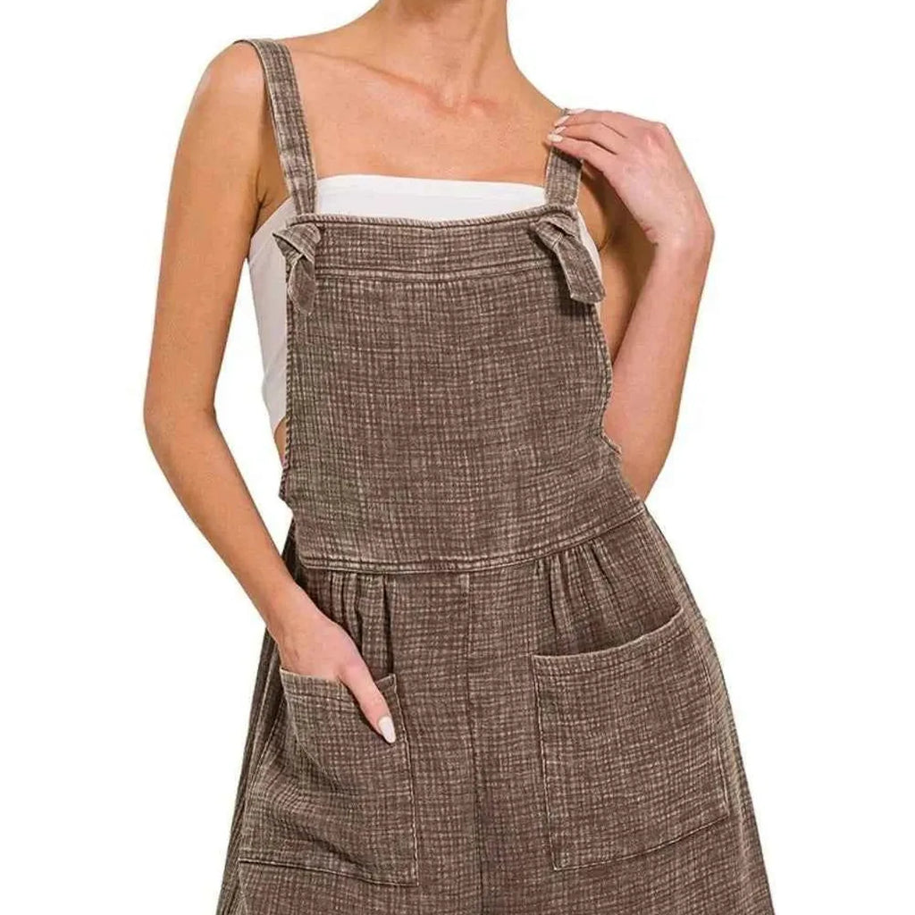 Woven Double Gauze Acid Wash Overall Shorts Romper in Brown