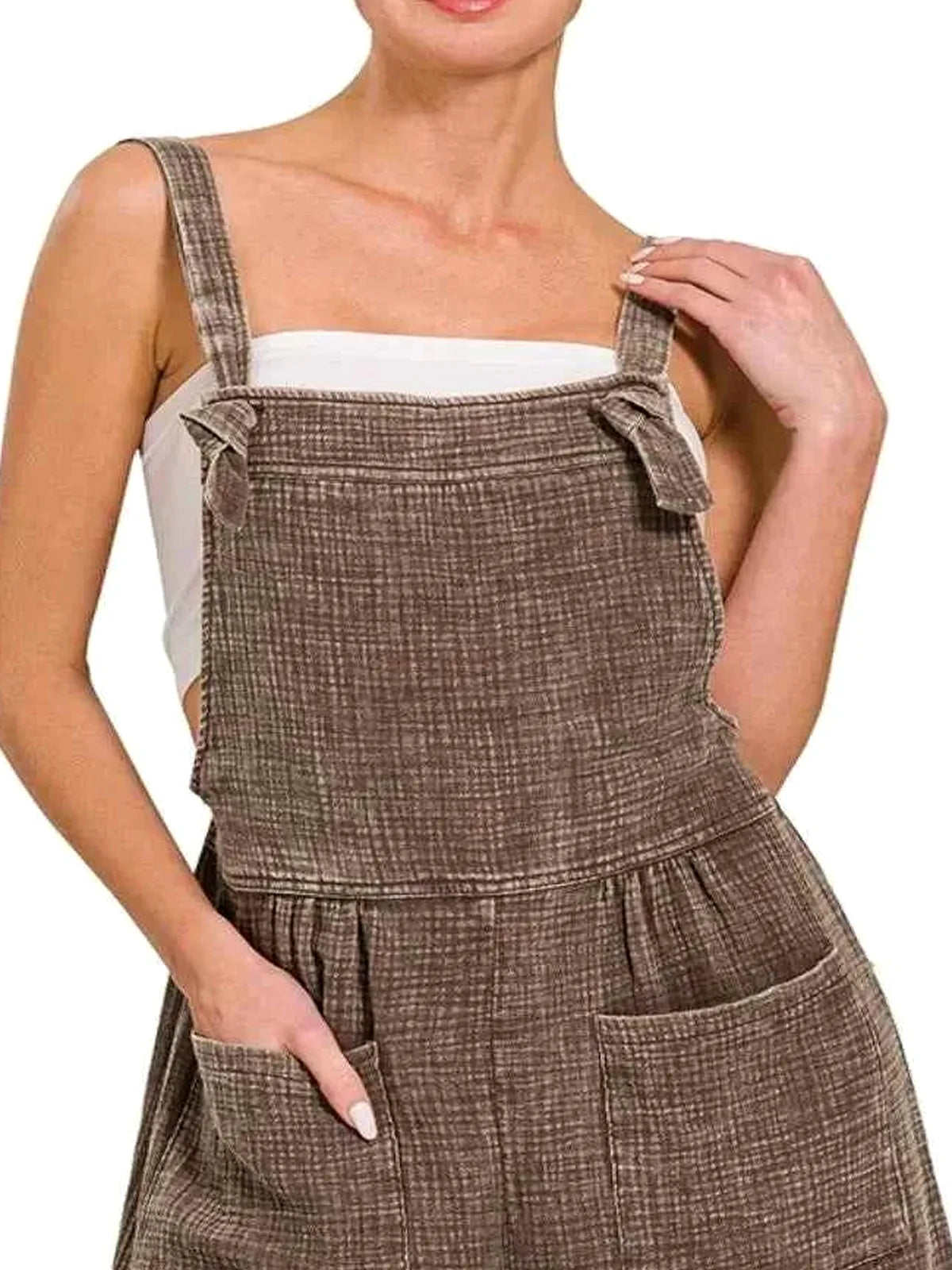 Woven Double Gauze Acid Wash Overall Shorts Romper in Brown