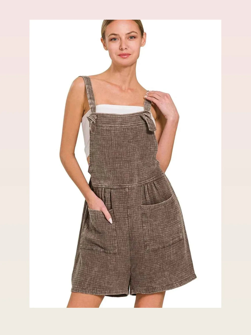 Woven Double Gauze Acid Wash Overall Shorts Romper in Brown