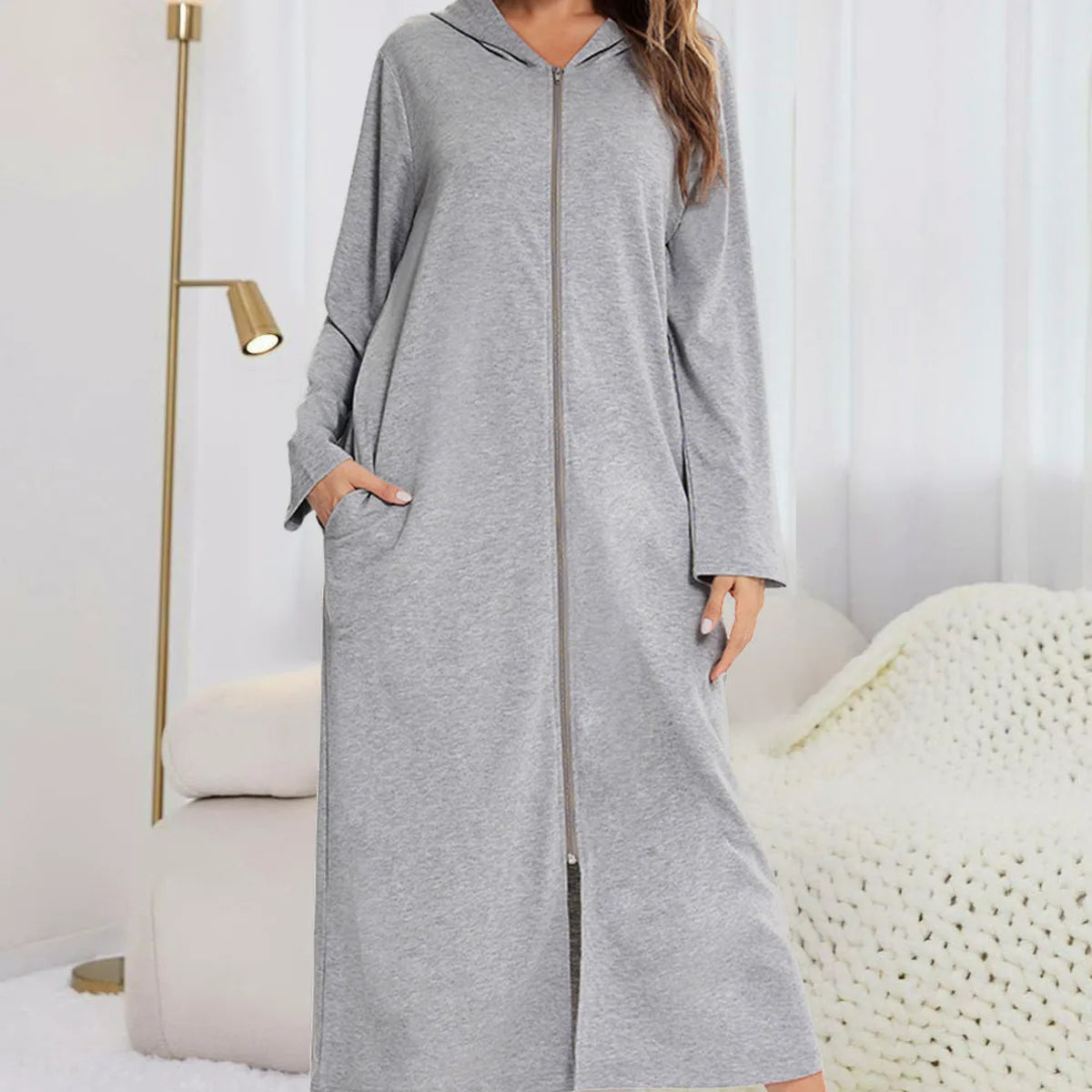 Zip Front Hooded Night Dress with Pockets