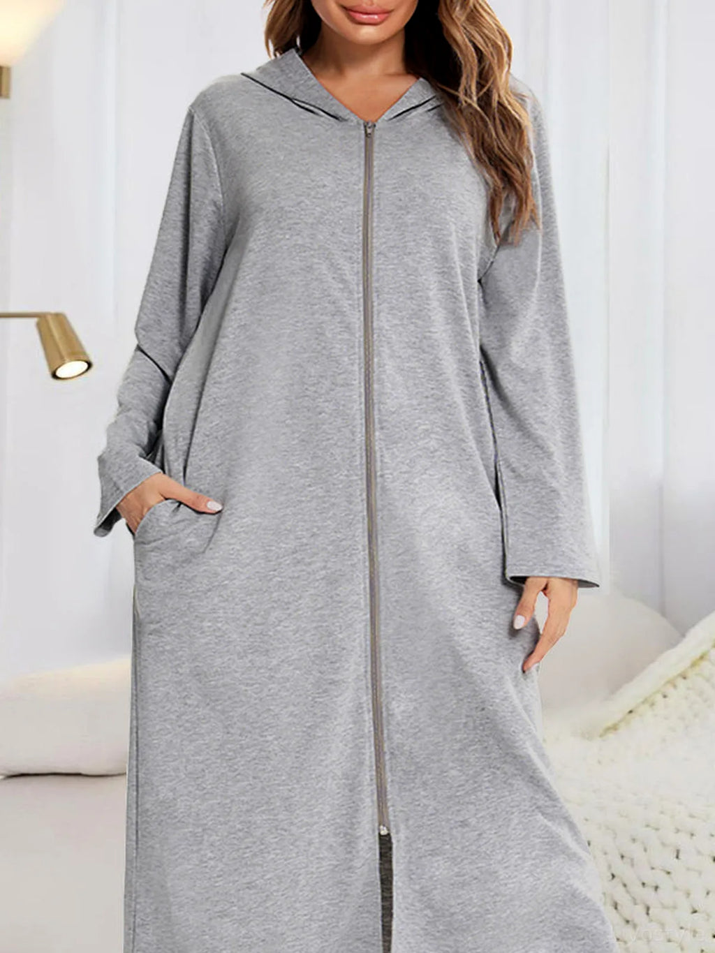 Zip Front Hooded Night Dress with Pockets