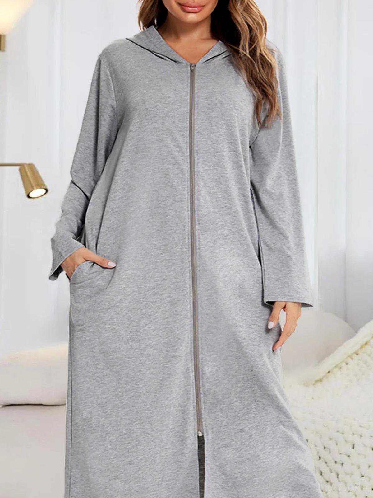 Zip Front Hooded Night Dress with Pockets