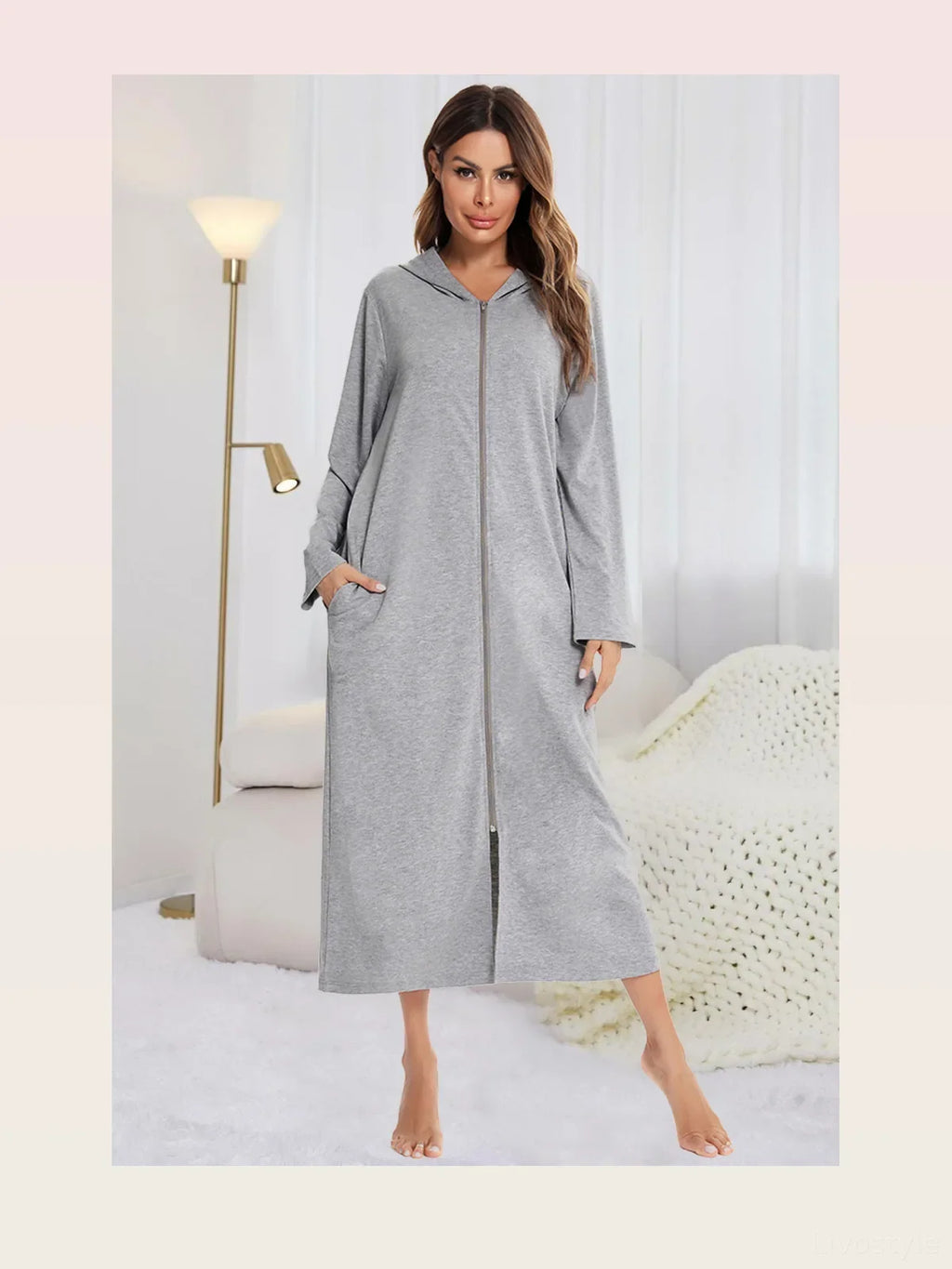 Zip Front Hooded Night Dress with Pockets