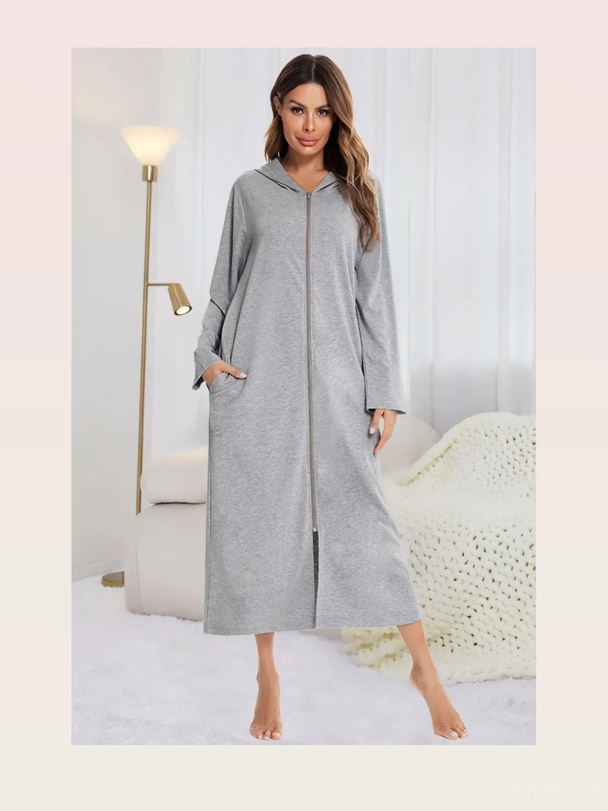 Zip Front Hooded Night Dress with Pockets