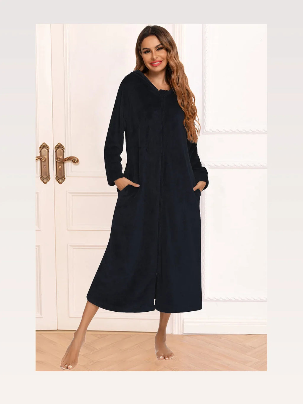 Zip Front Hooded Night Dress with Pockets