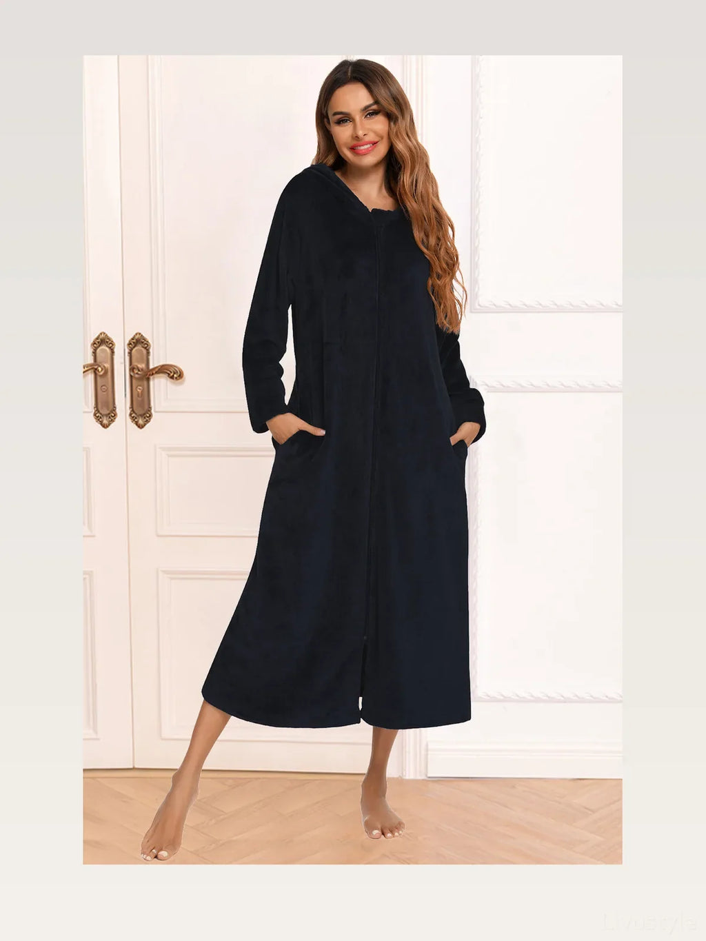 Zip Front Hooded Night Dress with Pockets